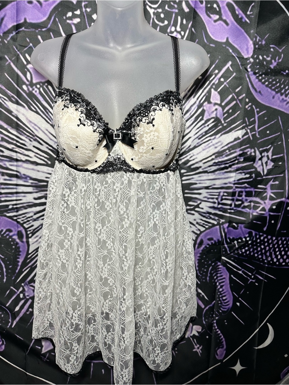 Cacique Black & Cream Lace Babydoll Chemise